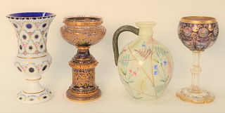 Four Piece Group, to include an enameled white cut to cobalt vase; a white enameled pitcher with handle; a purple glass compote with gold enameling, p