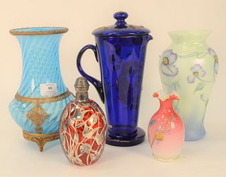 Five Piece Group of Art Glass Vases, to include Dan Fenton vase, hand painted by Jo Raynold? having blue and white swirl vase with metal mounts; silve