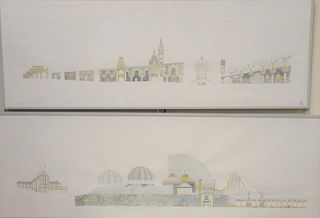 Pair of Framed Architectural Watercolors, both with labels on the reverse noting 'Indiana Landing, Indianapolis, Indiana, 1982', 23" x 72" (each) .