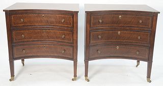 Pair of Century Wellington Court Three-Drawer Chests or Night Stands, mahogany inlaid with concave fronts, height 30 inches, width 32 inches, depth 21