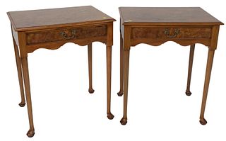 Four Piece Lot to include Pair of Burlwood Queen Anne Style Side Tables, with drawer, height 26 inches, top 17" x 22", along with a pair of contempora