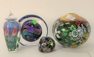 Four Piece Group, to include Shawn Messenger Round Art Glass Vase, with floral motif; Doug Merritt Vandermark art glass perfume or bottle, signed on b