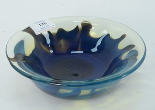 Dominick Labino Art Glass Bowl, clear with blue, signed on bottom Labino, 1969, height 2 1/2 inches, diameter 8 inches. Provenance: The Estate of Alin