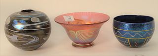 Group of Three Art Glass Pieces, to include Karen Lawrence bulbous bud vase; pink iridescent bowl with pull, leaf design, marked SB MFR 170.818, Frank