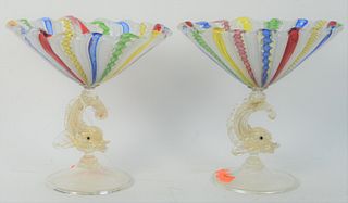 Pair of Venetian Compotes, having candy twist bowl with ruffle rim over swan stem base, height 8 3/4 inches, width 8 3/4 inches.