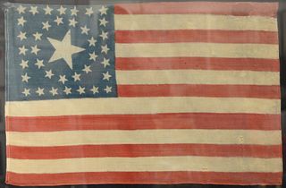 Thirty-eight Star American Flag, pressed-dyed wool, 1876 Centennial Celebration, circle in a square medallion, parade flag, probably made for Horstman