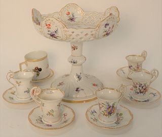 Meissen and Dresden Lot, to include Meissen cups, five Dresden cups, six saucers and reticulated compote, 8-1/2" high (compote).