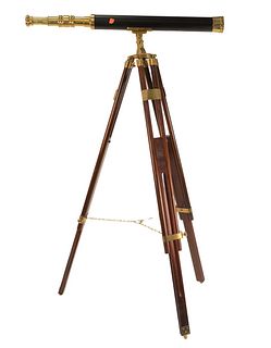 Stanley London Brass Telescope, on tripod, height 50 inches, length 31 inches.
