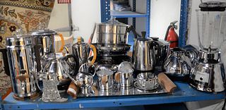 Large Group of Vintage Chrome Kitchenware, to include an Osterizer Classic Blender, several tea and coffee electric brewers, along with two electric b