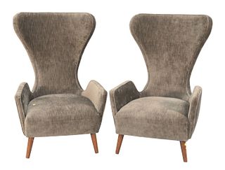 Pair of Mr. Brown of Granta Wing Chairs, having moss velvet upholstery, made in London, England, retails for just under $8,000, height 43 inches, widt