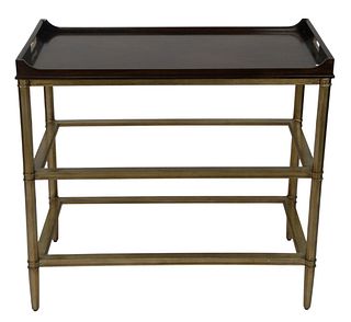 Contemporary Three-Tier Bar Cart, mahogany tray top with metal, gold-wash legs and shelves, possibly Mr. Brown, London, height 34 inches, width 36 inc