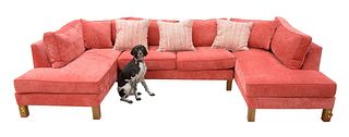 Custom Contemporary Sectional Sofa, c-section with lounges on each side, pink upholstery and down filled cushions, height 33 inches, width 132 inches,