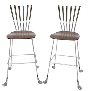 Pair of Contemporary Gold Club Bar Stools, height 46 1/2 inches, width 17 inches. Provenance: Matthes-Theriault Collection, Woodbridge, Connecticut.