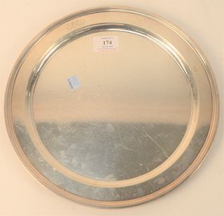 Tiffany and Company Sterling Silver Round Tray, monogrammed, diameter 12 inches, 23.2 t.oz. Provenance: The Estate of Gloria Schiff, 630 Park Avenue, 