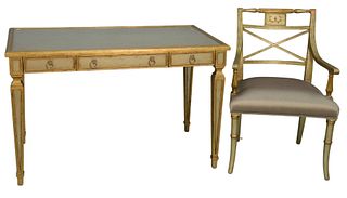 Two Piece Lot, to include Theodore Alexander, titled "Notes To An Italian Lover", silvered and gilt eglomise writing table, having inset glass top and