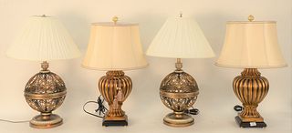Four piece lot to include, Two Pairs of Contemporary Lamps, cylindrical metal lamps with glass prisms; along with pair of gold painted ceramic lamps, 
