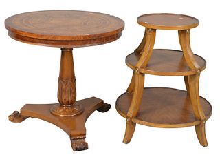 Two Contemporary Stands, one having round, inlaid top, height 27 inches, diameter 27-1/2 inches; along with a three-tier stand, height 28-1/2 inches.