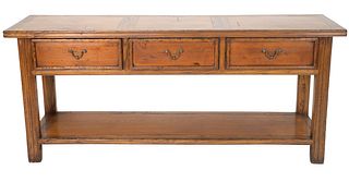 Oriental Style Three Drawer Hall Table, elm wood, height 34 inches, width 79 inches.