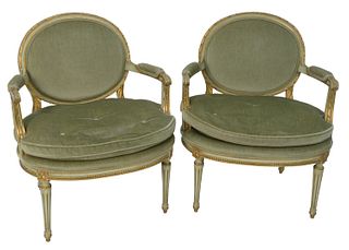 Pair of Louis XVI Style Fauteuil, green and gilt frames, mohair upholstery, height 34 inches, width 27 inches. Provenance: The Estate of Alina Roisen,