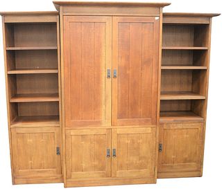 Stickley Mission Oak Entertainment Center, in three parts, with adjustable shelves, side cabinets height 78 inches, width 24 inches, center height 81 