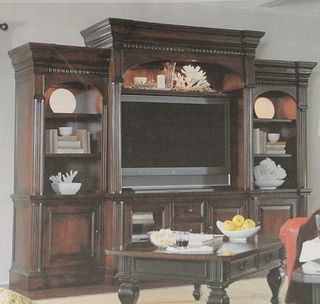 New Castle II Hardwood Three-Part Television Cabinet, birch and cherry veneers, height 104 inches, top width 128 inches.