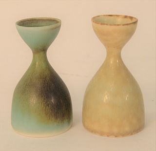 Two Carl Harry Stamhare Rorstrand Stoneware Vases, green and yellow glazed with flaring rim, marked on bottom Sweden SXG, height 3 1/2 inches.