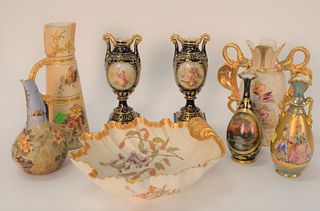 Eight Porcelain Vases, to include pair of Royal Vienna urns on bases with painted figure, marked on bottom; Rudolstadt porcelain vase; Dresden porcela