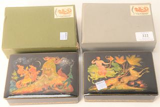 Two Russian Lacquer Boxes, having legends and fairy tale motif, manner of Palekh School, marked, signed 1979 A. Kysnaud?, and Tberozepol?, 1975; both 
