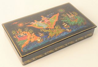 Large Russian Lacquer Box, having legends and fairy tale motif, with prince and princess, castles, and ships, manner of Palekh School, marked 1992, si