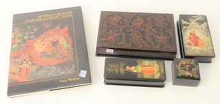 Group of Four Russian Lacquer Boxes, legends and fairy tale motif, manner of Palekh School, one marked 1924, signed illegibly; one having winter storm