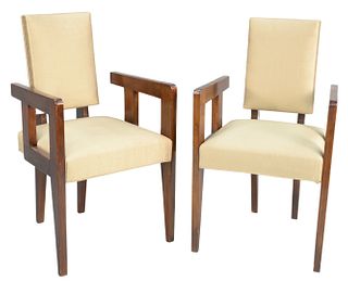 Pair of Andre Sornay Armchairs, circa 1940, mahogany with brass nail details, silk upholstered seats and backs, height 36 inches. Provenance: Purchase