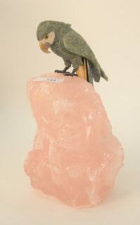 Hardstone Parrot, on pink quartz base, height 9 1/2 inches. Provenance: The Estate of Alina Roisen, Park Avenue, New York.