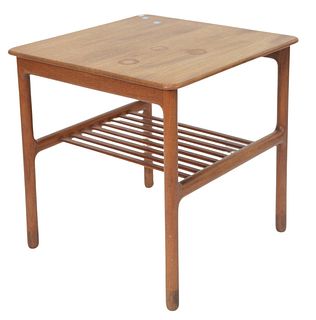 Willy Beck Teak Side Table, having slat shelf over rosewood feet, height 20 1/2 inches, top 20 1/2" x 20 1/2".