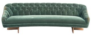 Vladimir Kagan Sofa, sculpted walnut, with green mohair, tufted upholstery, similar to No. 6999, height 28 1/2 inches, width 96 inches, depth 29 inche