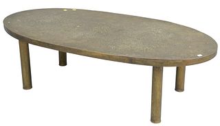 Philip and Kelvin Laverne, Etruscan oval coffee table, acid etched brass and patinated, height 14 inches, length 48 inches, width 23 1/2 inches.