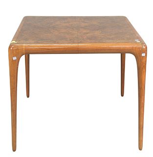 Vladimir Kagan Card Table, having burled top with walnut base, stamped Kagan on bottom, with one 27 3/4 inch leaf, height 28 inches, top 34" x 34", op
