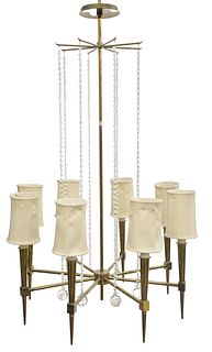 Tommi Parzinger Eight Armed Chandelier, brass with glass bead and ball drops, from The Appleman Commission, Parzinger Originals, height 46 inches, dia