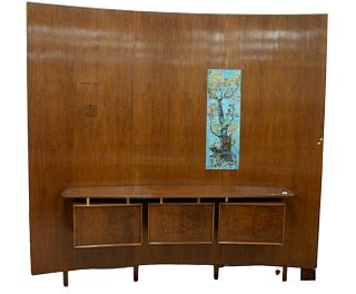 Hans Weiss Wall Unit, having curved walnut and tile back shelf, over three cabinet doors, tiles marked Nison, (one tile repaired), height 99 inches, w