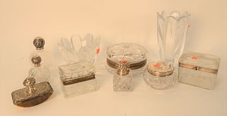 Ten Piece Crystal Lot, to include, boxes, orrefors, vases, inkwell with sterling top, two bottles with sterling tops, etc.; along with silver desk sta