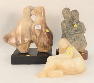 Three Carved Marble Sculptures, to include kissing dove, two figures, and a white marble figure of a nude woman, all unsigned, heights: 6 1/2", 14", a