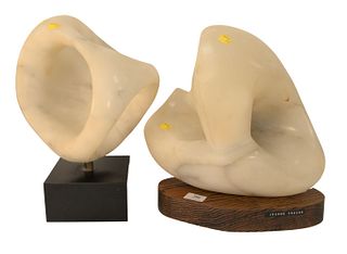 Two Freeform Carved Marble Sculptures, both pierced and carved, on stands, height 14 inches and 14 1/2 inches.