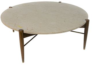 Round Bruno Mathsson Coffee Table, with marble top, height 14 1/2 inches, diameter 40 inches.