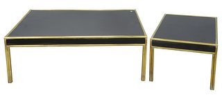 Two Maison Jansen Tables, black lacquered with brass trim, large coffee table, height 15 inches, top 42" x 42"; along with a small table, height 15 in