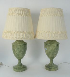 Pair of Faux Marble Painted Metal Lamps, each of urn form, height 15 1/2 inches. Provenance: The Estate of Gloria Schiff, 630 Park Avenue, New York.