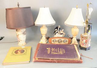 Large group of assorted items to include chrome tubular lamp; Japanese satsuma; pair of marble lamps; Royal Dux double figure; Airguide clock; small p