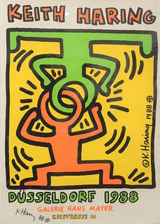 Keith Haring Signed Exhibition Poster, for Galerie Hans Mayer Dusseldorf, 1988, signed and dated in ink lower left, 32 1/2" x 23" (sheet).
