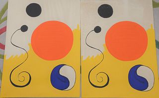 After Alexander Calder (American, 1898 - 1976), Pair of Red Sphere on Yellow Ground, lithograph on colors on paper (each), circa 1970's, heavily toned