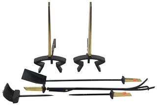 Five Piece Fireplace Set, Donald Deskey Bennett, cast iron and brass, having pair of andirons, brush, shovel along with a poker, height 19-1/2 inches.