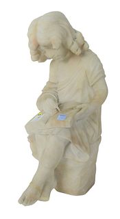 Marble Sculpture, of a young girl writing, repaired feet, height 18 inches. Provenance: The Estate of Alina Roisen, Park Avenue, New York.