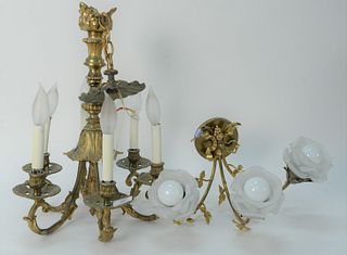 Two French Bronze Hanging Lights; bronze six light chandelier; along with bronze sconce having three lights with floral frosted shades, 7 inches and 1